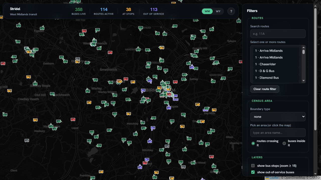 The Stridel live bus map: a dark interactive map with the fleet, live stats, filters and a region switcher